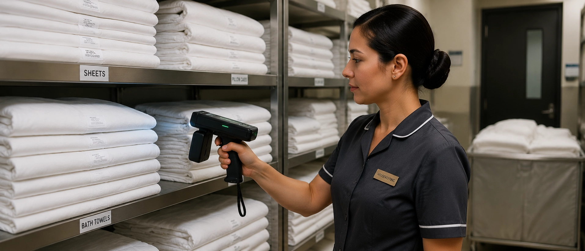 A hotel worker utilizing an RFID handheld scanner to accurately track and manage linen inventory for efficient hotel operations and loss prevention A hotel worker utilizing an RFID handheld scanner to accurately track and manage linen inventory for efficient hotel operations and loss prevention