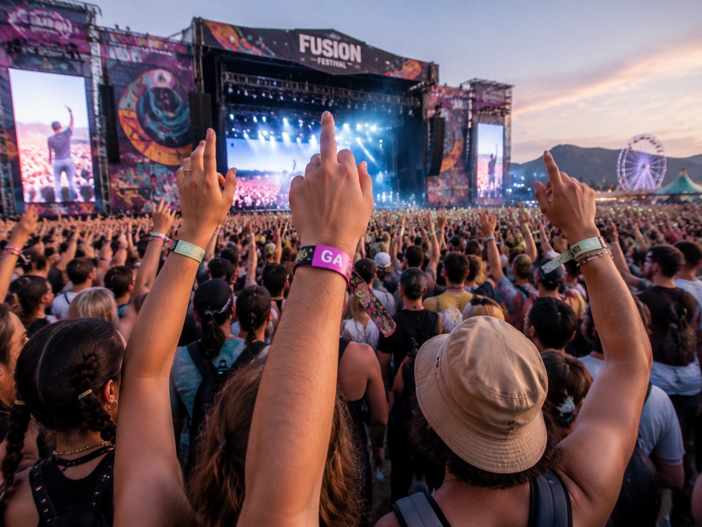 Crowd at a large-scale music festival event with attendees wearing admission wristbands for access control Crowd at a large-scale music festival event with attendees wearing admission wristbands for access control